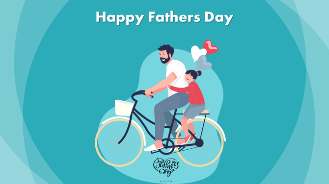 Father and child riding a bicycle with heart balloons, celebrating Father's Day on a blue background.