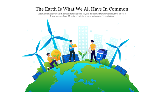 People protecting Earth with wind turbines, solar panels, and recycling to promote environmental sustainability