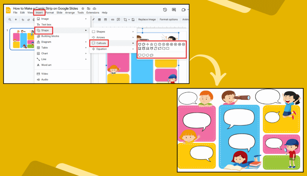 Google Slides Callouts menu used to add speech bubbles to comic characters.