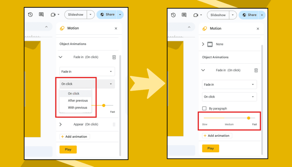 Adjust Animation Timing & Triggers Option in Google Slides