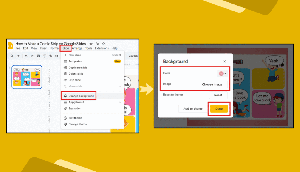 Google Slides Change background menu showing color and image background options.
