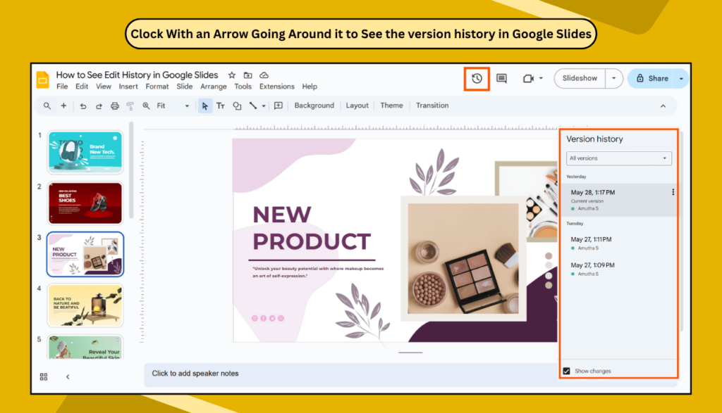 Clock With an Arrow Going Around it to See the version history in Google Slides