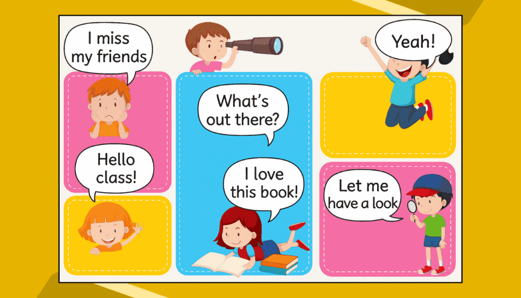 Completed Google Slides comic strip with children, colorful panels, and speech bubbles.