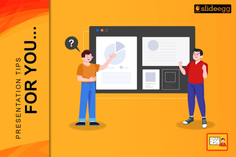 Illustrated slide showing two people discussing presentation slides on a screen, highlighting the importance of clear visual design.