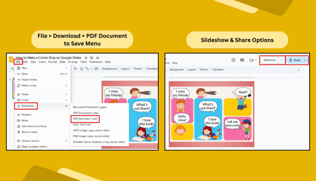 Google Slides options for downloading a comic as PDF and sharing the slideshow.