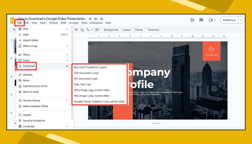 File > Download Menu in Google Slides
