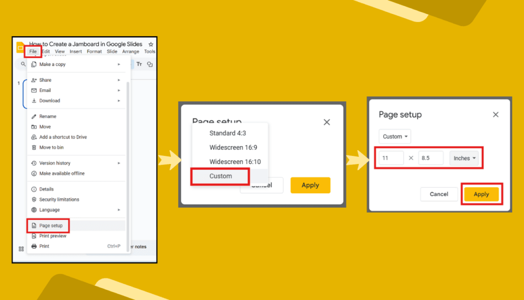 File > Page Setup Menu in Google Slides