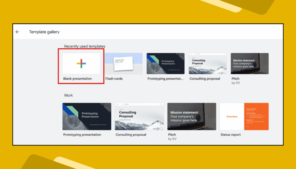Google Slides template gallery highlighting the Blank presentation option.