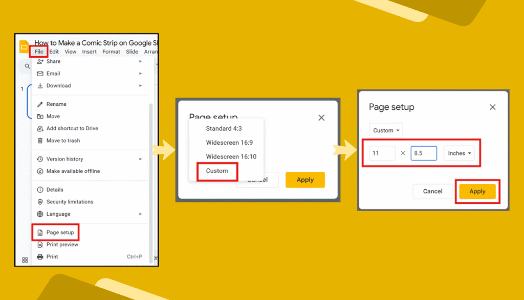 Google Slides Page setup showing custom 11 × 8.5 inch dimensions.