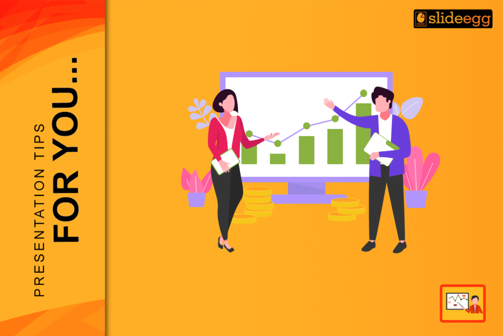 Two professionals discussing a rising bar chart on a screen with coins around, representing tips to design pitch decks.