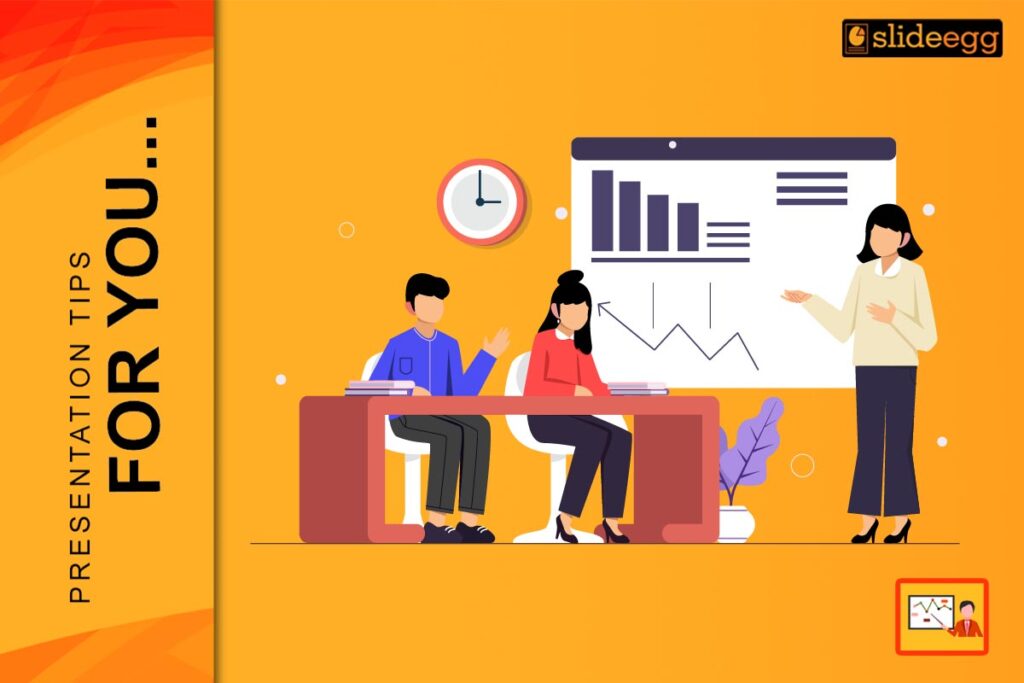 Students and teacher in a classroom setting with charts on screen, sharing presentation tips on a bright orange background.