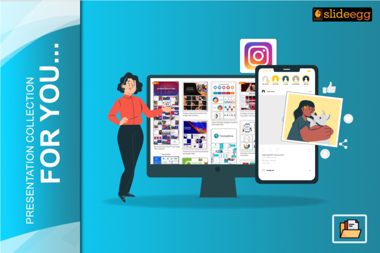 Woman presenting SlideEgg slides on a screen with Instagram story and post elements beside her for social media design.