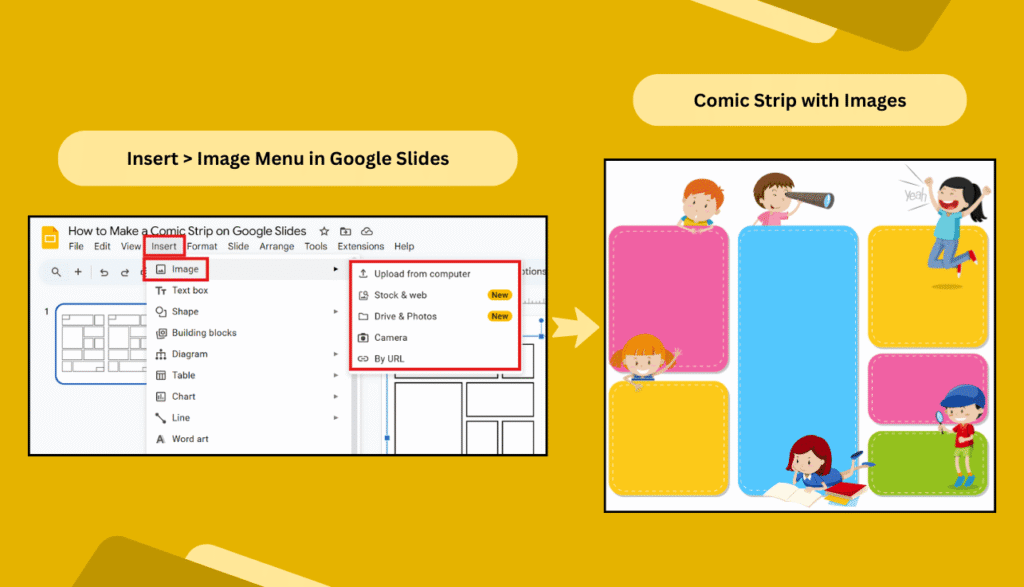 Google Slides Image menu beside a colorful comic strip layout with characters.