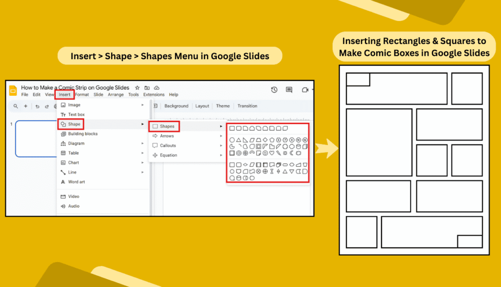 Google Slides Shapes menu used to create rectangle and square comic panels.