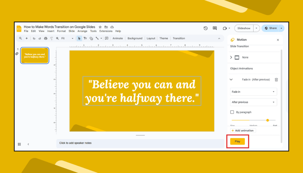 Play Button in Animation Pane in Google Slides