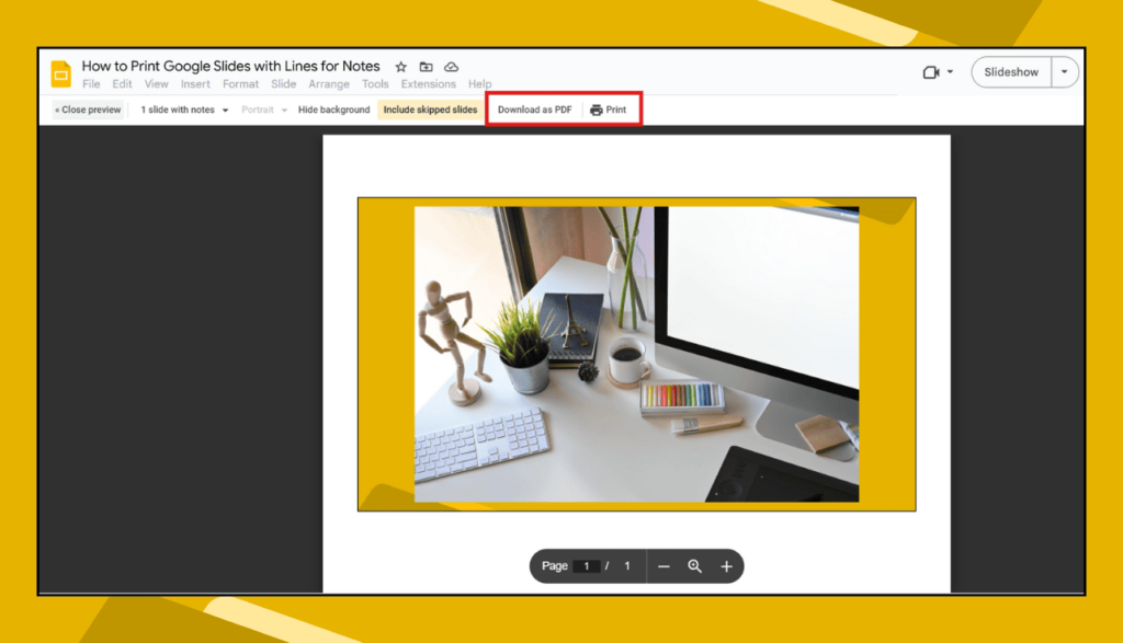 Print Preview Screen with Download as PDF & Print Options in Google Slides