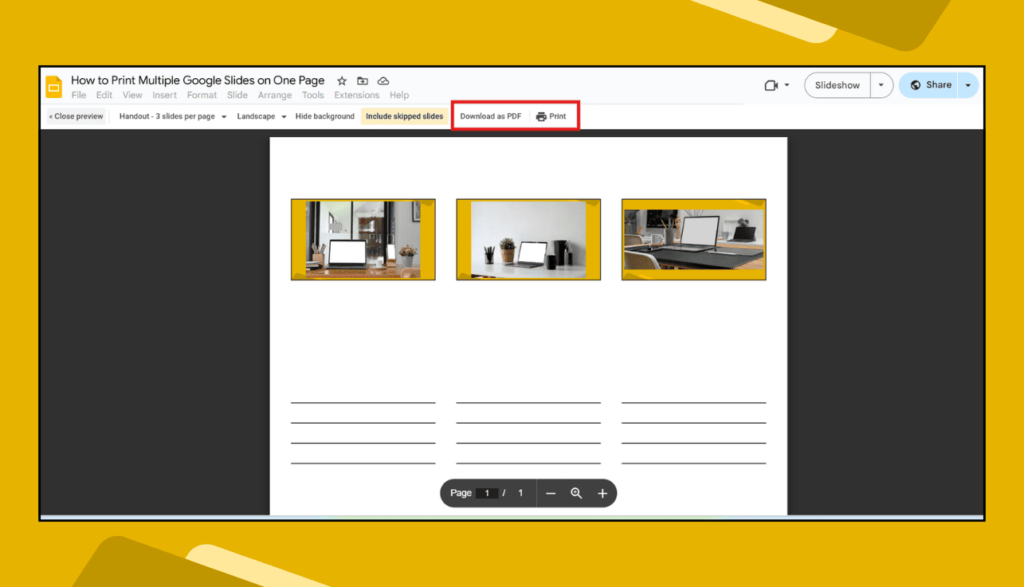 Print Preview Window with Download as PDF & Print Options in Google Slides