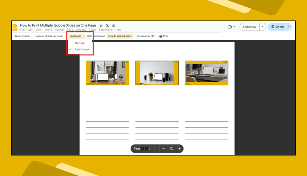 Print Preview Window with Orientation Options in Google Slides
