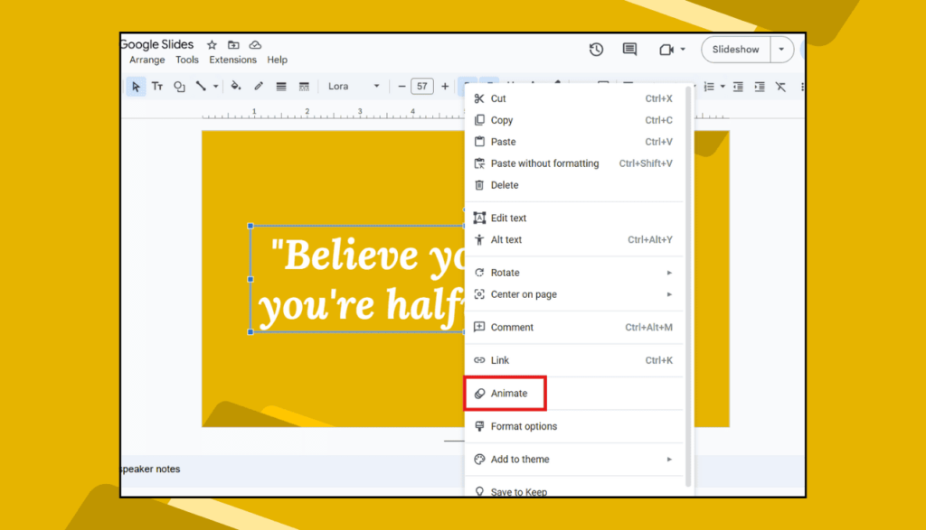 Right Click > Animate Option in Google Slides