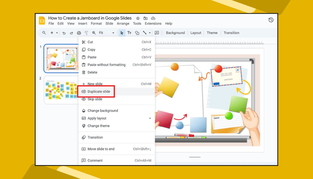 Right Click > Duplicate Slides Option in Google Slides