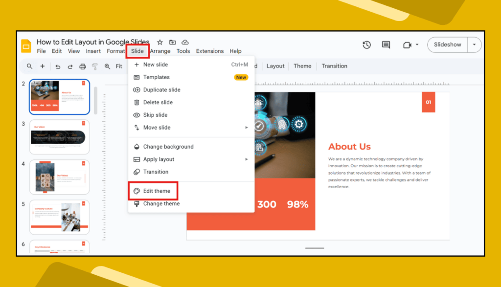 Slide > Edit Theme Menu in Google Slides