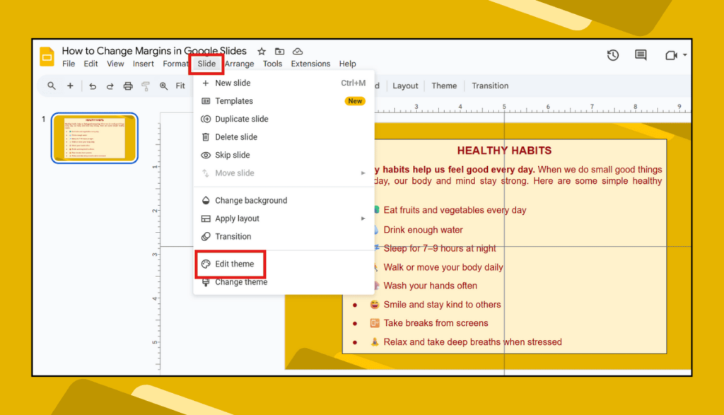 Slide > Edit Theme Menu in Google Slides