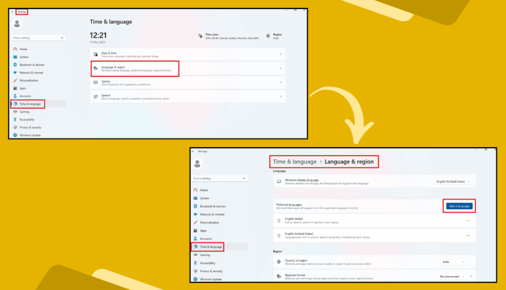 Settings > Time & Language > Language & Region Menu
