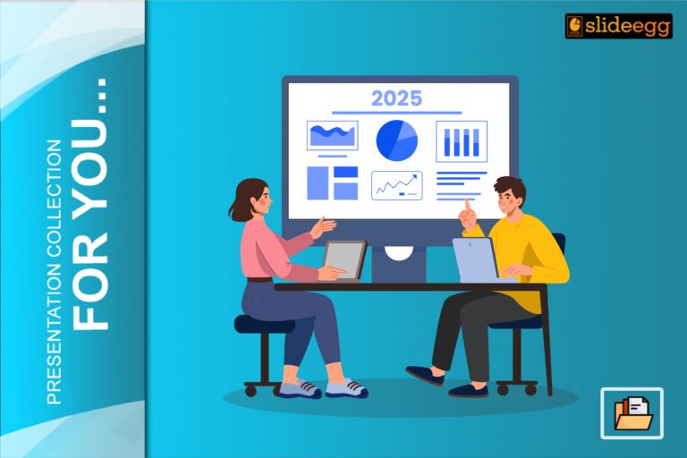 Two people discuss PowerPoint design trends for 2025 while viewing graphs and charts on a large presentation screen