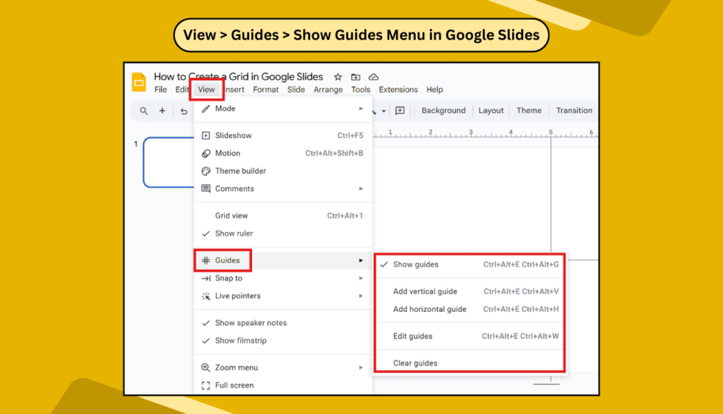 View > Guides > Show Guides Menu in Google Slides