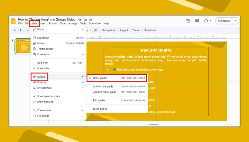 View > Guides > Show guides Menu in Google Slides