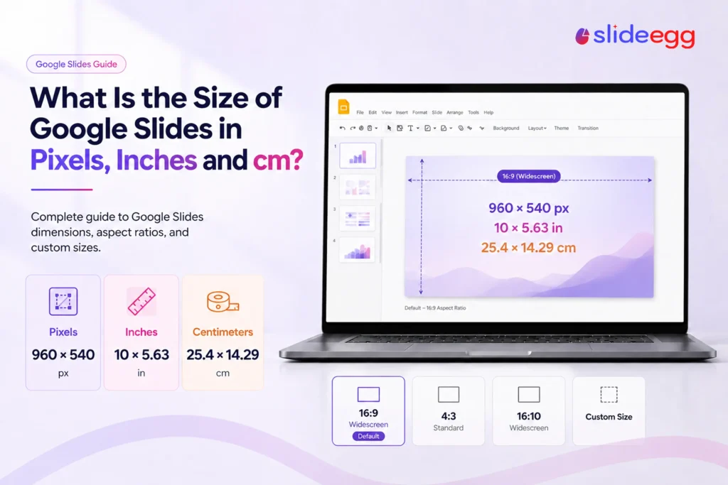 Google Slides guide image showing slide dimensions in pixels, inches, and centimeters on a laptop screen.