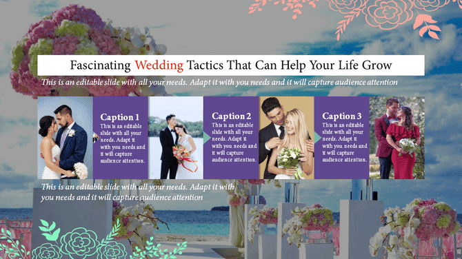 Elegant wedding slideshow PowerPoint template with romantic couple photos and floral decorations for wedding presentation.