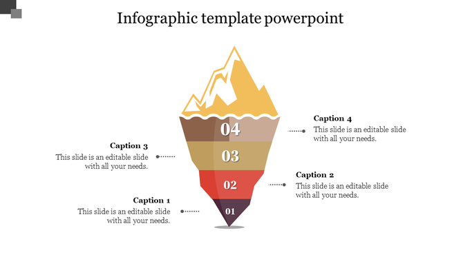 Editable iceberg infographic template for PowerPoint with four layers to present deep insights and hidden data