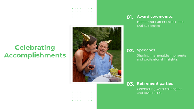 Celebration-themed retirement presentation slide with award ceremony, speeches, and party ideas featuring cheerful image