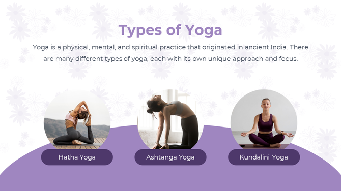 Three women demonstrating Hatha, Ashtanga, and Kundalini yoga poses on a yoga types slide.