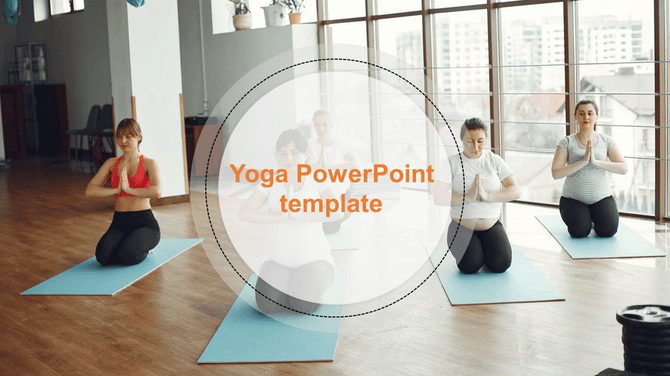 Women doing yoga in a studio on mats with hands joined, shown in a slide promoting a yoga PowerPoint template.