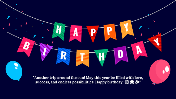 Colorful happy birthday banner with balloons and confetti, perfect for birthday PowerPoint presentation templates.