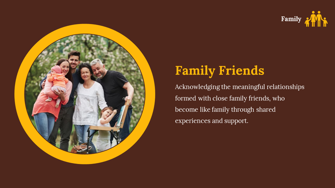 Family friends smiling outdoors, representing close-knit relationships and shared support in a PowerPoint presentation slide.