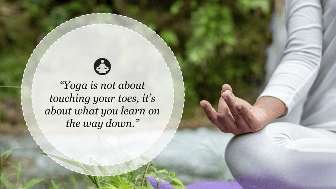 Yoga-themed PowerPoint slide template with a meditative quote and serene background for inspirational presentations.