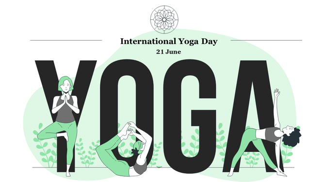 Illustration of people doing yoga poses around bold "YOGA" text for International Yoga Day on June 21.