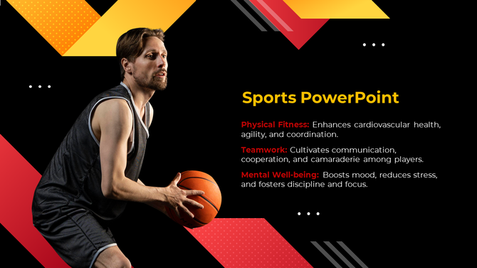 Male basketball player in action pose with Sports PowerPoint benefits on black and red dynamic background.