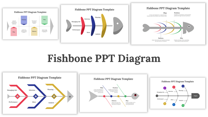 Fishbone diagram PowerPoint templates showcasing various cause-and-effect layouts.