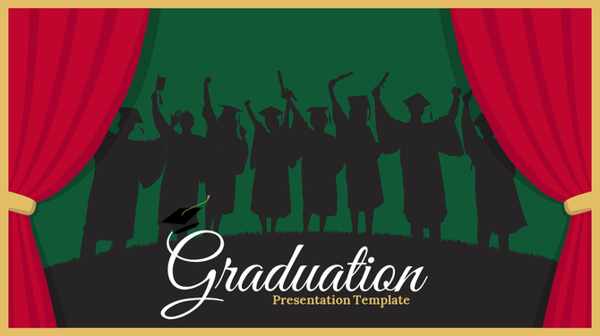 Graduation ceremony PowerPoint slide with cheering graduates in silhouette behind red stage curtains.