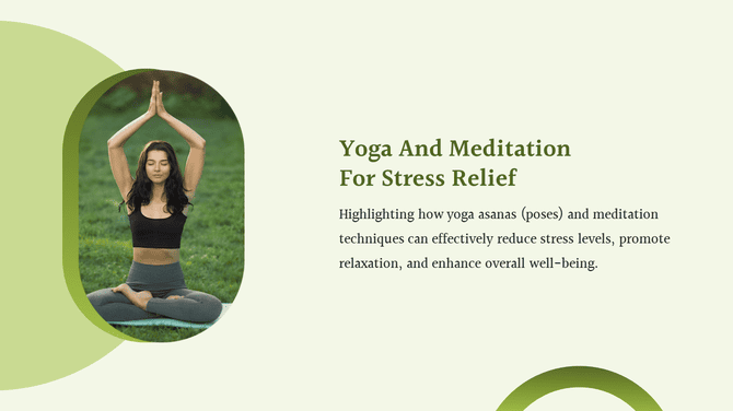 Yoga and meditation PowerPoint slide template featuring a woman practicing asana for stress relief and well-being.
