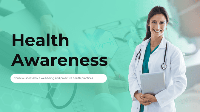 Smiling female doctor holding a file, with "Health Awareness" text on a teal medical-themed background.