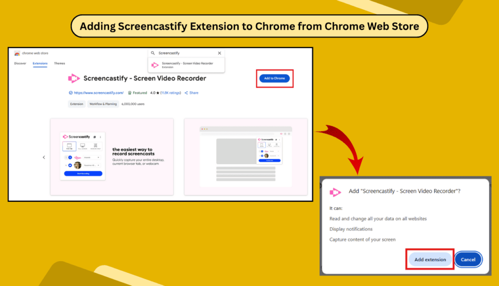 Steps showing how to add the Screencastify extension to Chrome from the official Chrome Web Store.