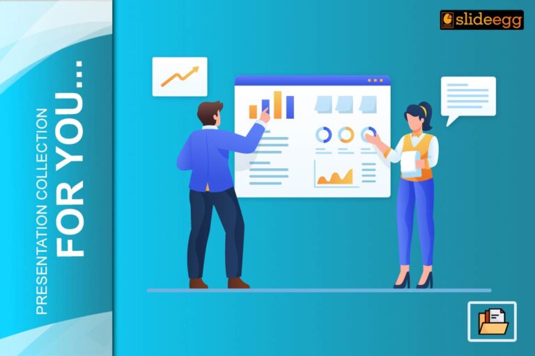 Business presentation PowerPoint slide showing two professionals discussing charts, graphs, and report data visually.