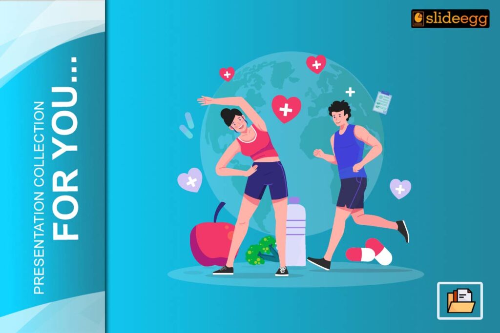 Man and woman exercising with health icons, apple, water bottle, and globe in background, promoting fitness and wellness.