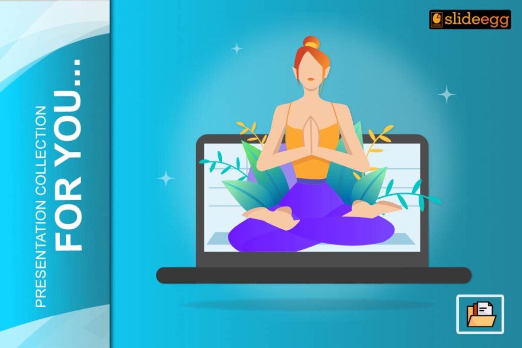 Illustration of a woman meditating on a laptop screen, symbolizing virtual yoga and digital wellness presentations.