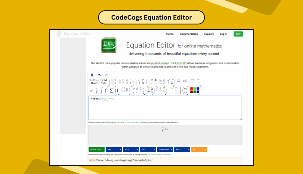 CodeCogs Equation Editor showing LaTeX code and real-time output for inserting math in Google Slides.